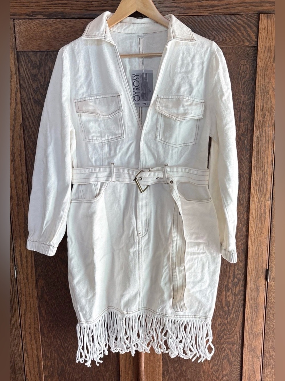 White Fringe-Bottom Midi Shirt Dress with Belt